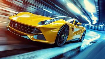 un' brillante giallo gli sport auto guida nel un' gara foto
