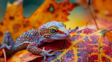 un' viscido carino geco guardare a un' colorato autunno foto