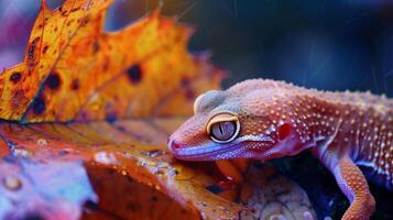 un' viscido carino geco guardare a un' colorato autunno foto