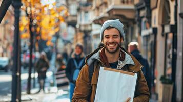 un' sorridente uomo a piedi nel il città Tenere un' cartello foto