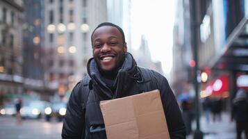 un' sorridente uomo a piedi nel il città Tenere un' cartello foto