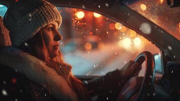 un' giovane donna guida godendo il inverno notte foto
