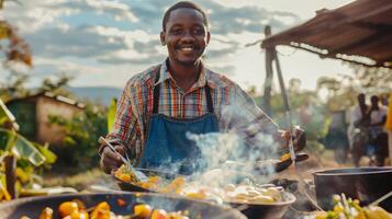 africano uomo cucinando all'aperto sorridente godendo foto