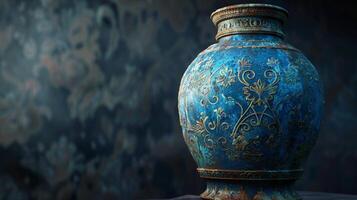 antico terracotta vaso ornato decorazione blu foto