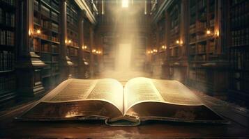 antico Bibbia si illumina buio biblioteca con saggezza foto