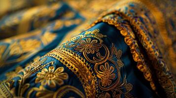 antico seta indumento con intricato oro ricamare foto