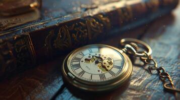 antico tasca orologio su di legno tavolo tempo foto