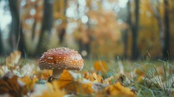 autunno foresta vicino su di commestibile fungo su erba foto