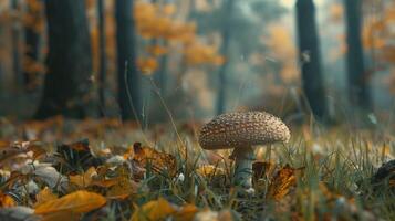 autunno foresta vicino su di commestibile fungo su erba foto