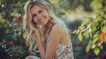 bellissimo biondo donna nel un' floreale vestito sorridente foto