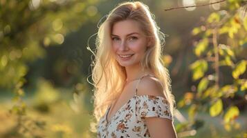 bellissimo biondo donna nel un' floreale vestito sorridente foto