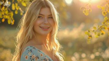 bellissimo biondo donna nel un' floreale vestito sorridente foto