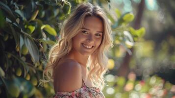 bellissimo biondo donna nel un' floreale vestito sorridente foto