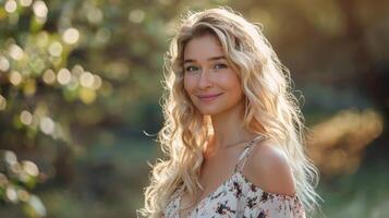 bellissimo biondo donna nel un' floreale vestito sorridente foto