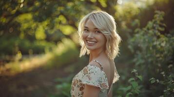 bellissimo biondo donna nel un' floreale vestito sorridente foto