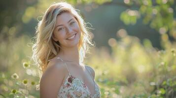 bellissimo biondo donna nel un' floreale vestito sorridente foto