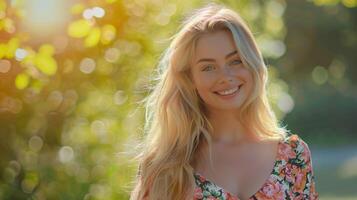 bellissimo biondo donna nel un' floreale vestito sorridente foto