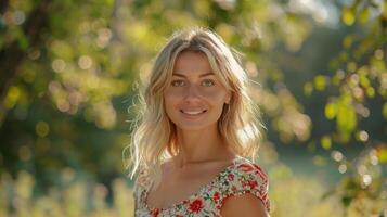 bellissimo biondo donna nel un' floreale vestito sorridente foto