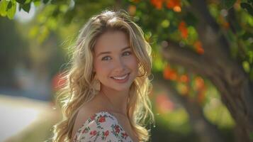 bellissimo biondo donna nel un' floreale vestito sorridente foto