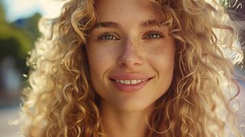 bellissimo biondo donna con Riccio capelli guardare foto