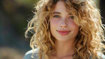 bellissimo biondo donna con Riccio capelli guardare foto