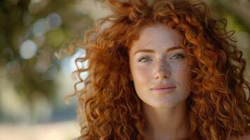 bellissimo testa Rossa donna con Riccio capelli guardare foto