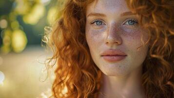 bellissimo testa Rossa donna con Riccio capelli guardare foto