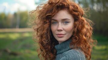 bellissimo testa Rossa donna con Riccio capelli guardare foto