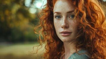 bellissimo testa Rossa donna con Riccio capelli guardare foto