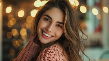 bellissimo donna moda modello sorridente guardare foto