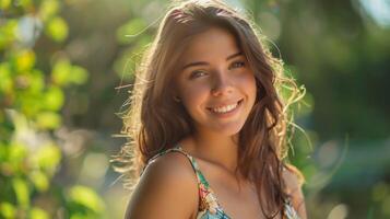 bellissimo giovane donna nel un' estate vestito sorridente foto