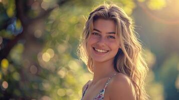 bellissimo giovane donna nel un' estate vestito sorridente foto