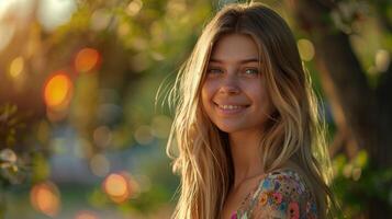 bellissimo giovane donna nel un' estate vestito sorridente foto