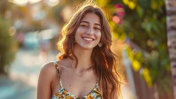 bellissimo giovane donna nel un' estate vestito sorridente foto