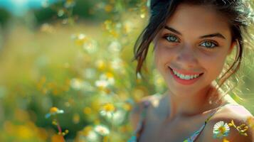 bellissimo giovane donna nel un' estate vestito sorridente foto