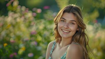 bellissimo giovane donna nel un' estate vestito sorridente foto