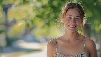 bellissimo giovane donna nel un' estate vestito sorridente foto