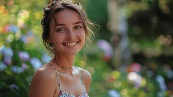 bellissimo giovane donna nel un' estate vestito sorridente foto