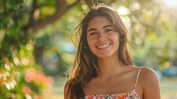 bellissimo giovane donna nel un' estate vestito sorridente foto