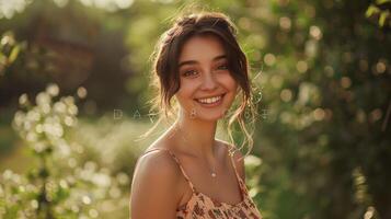 bellissimo giovane donna nel un' estate vestito sorridente foto