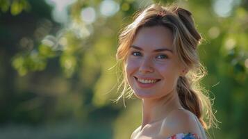 bellissimo giovane donna nel un' estate vestito sorridente foto