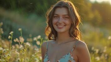 bellissimo giovane donna nel un' estate vestito sorridente foto