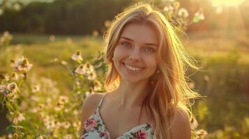 bellissimo giovane donna nel un' estate vestito sorridente foto