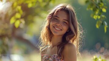 bellissimo giovane donna nel un' estate vestito sorridente foto