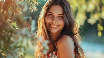 bellissimo giovane donna nel un' estate vestito sorridente foto