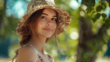 bellissimo giovane donna nel un' estate vestito sorridente foto