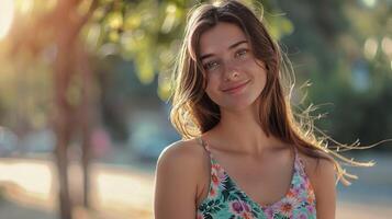 bellissimo giovane donna nel un' estate vestito sorridente foto