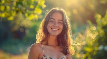 bellissimo giovane donna nel un' estate vestito sorridente foto