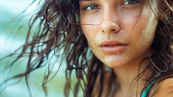 bellissimo giovane donna con bagnato capelli guardare foto