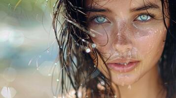 bellissimo giovane donna con bagnato capelli guardare foto